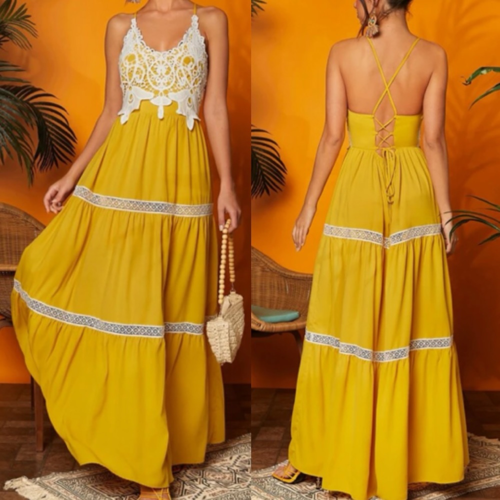 Boho lace detail crisscross tie back maxi dress